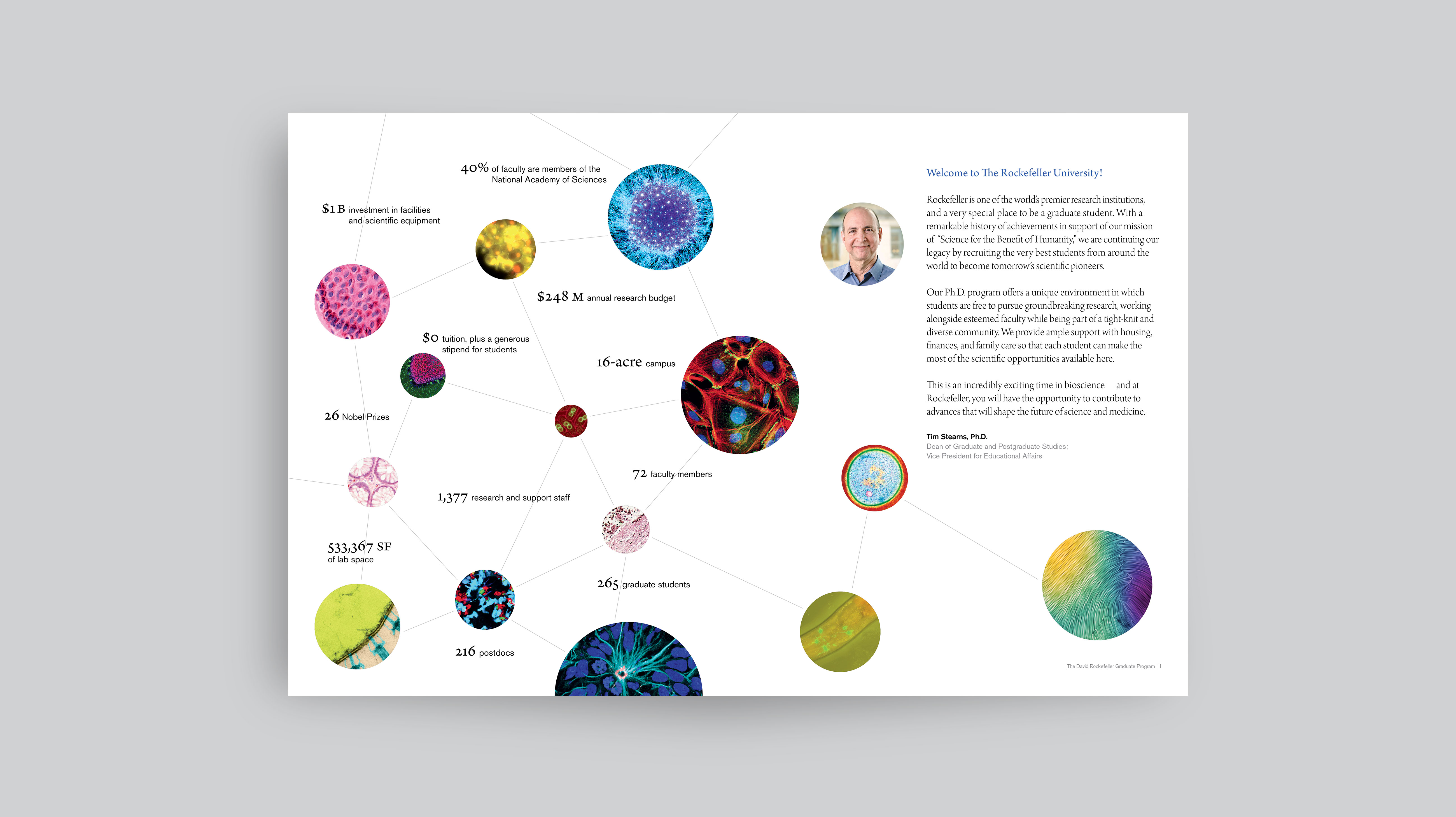 The introductory spread to the Rockefeller 2025 Graduate Program in Bioscience book, designed by Odgis + Co. 